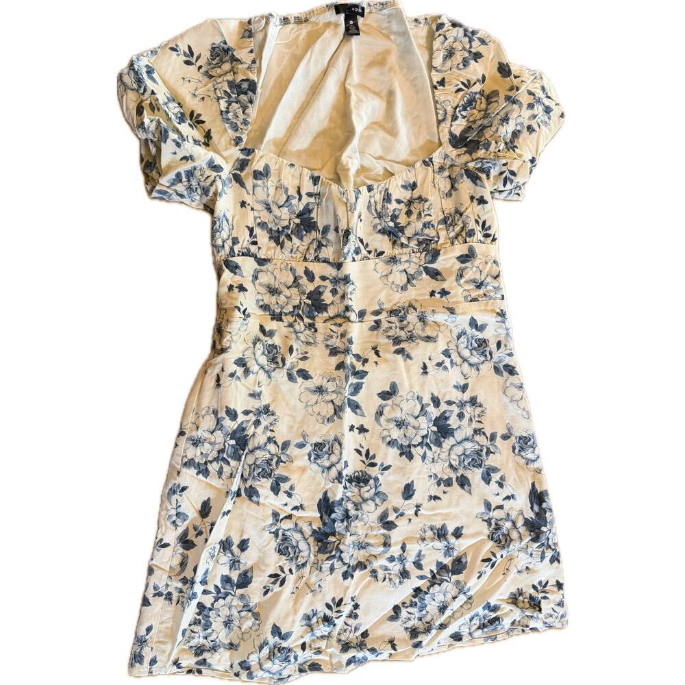 AQUA Mini Dress Womens XL White Blue Floral Puff Sleeve Square Neck Lined‎